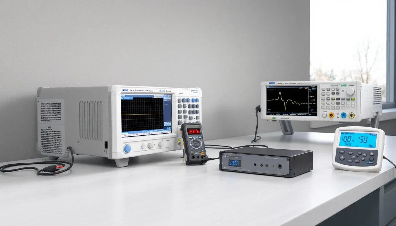 In a laboratory setting, various electronic devices and specialized testing equipment are meticulously arranged on a bench, ready for electromagnetic compatibility (EMC) evaluation, which includes emissions testing and immunity testing to ensure compliance with EMC standards. The scene captures the essential tools for assessing electromagnetic interference and ensuring that electrical and electronic equipment can function properly in their intended electromagnetic environment.