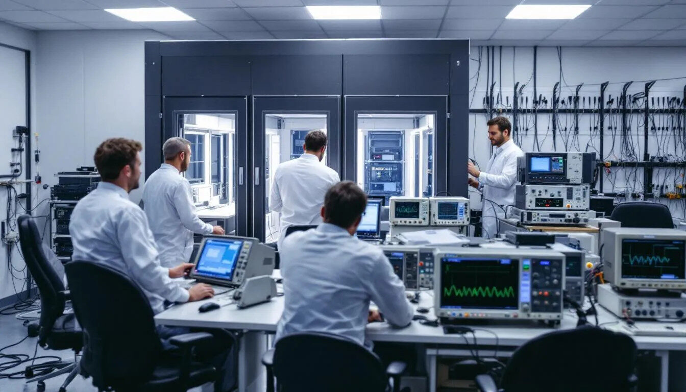 In an EMC testing laboratory, engineers are conducting tests on various electronic devices using specialized testing equipment to ensure electromagnetic compatibility and compliance with regulatory standards. The environment is filled with advanced technology and instruments designed to measure electromagnetic emissions and interference.