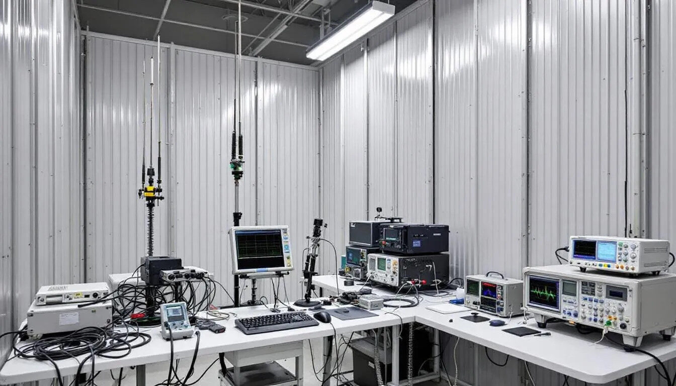 In a modern EMC testing facility, various electronic devices are arranged alongside advanced measurement equipment, including spectrum analyzers and immunity testing tools, all designed to ensure electromagnetic compatibility and compliance with regulatory standards. The environment is equipped to handle electromagnetic interference and emissions testing, creating a controlled space for evaluating the performance of electrical and electronic equipment.
