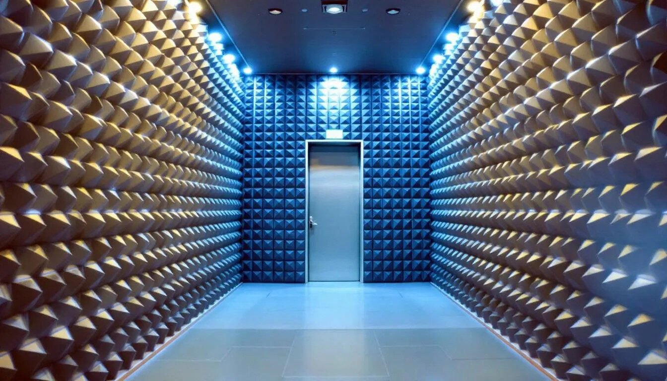 An image of a modern anechoic chamber designed for EMC testing is shown, featuring walls lined with pyramid-shaped absorbers that minimize electromagnetic interference. This specialized environment is used to assess the electromagnetic compatibility of electronic devices, ensuring they meet EMC compliance standards.