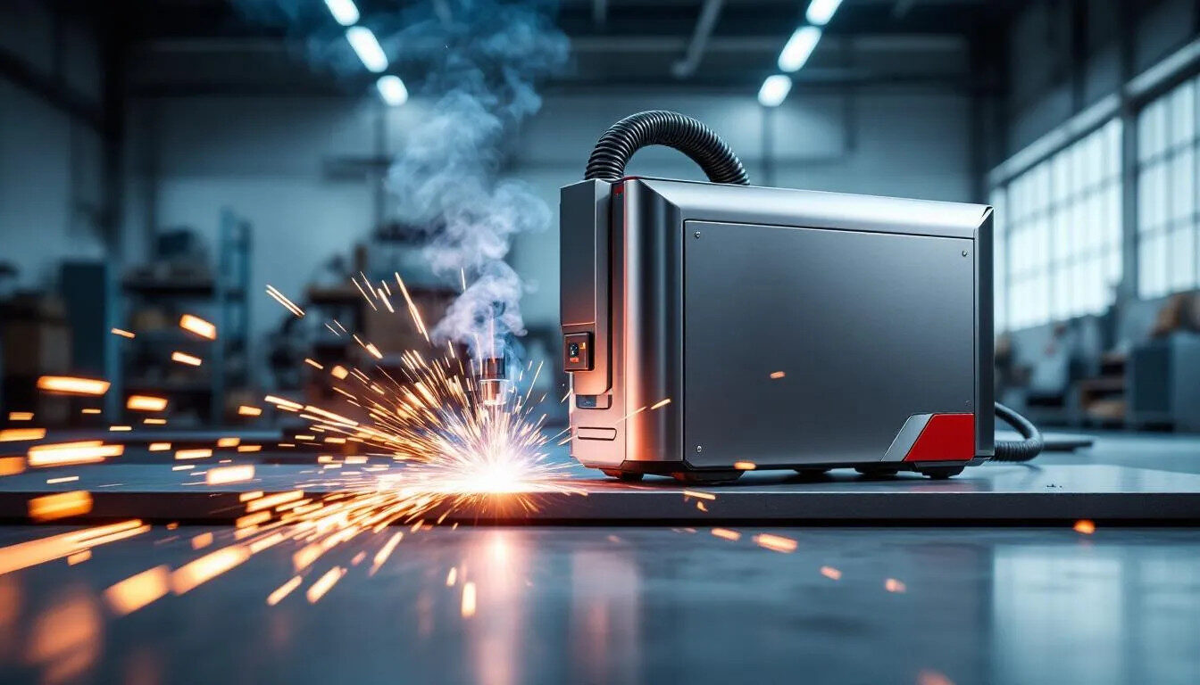 Kompakte Faserlaser-Schweißmaschine bearbeitet Blech mit hellen Funken in einer modernen Industriehalle