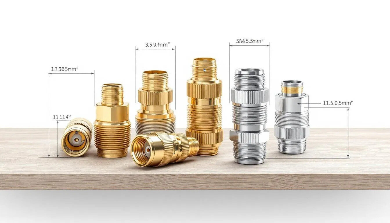 An assortment of SMA connectors displayed on a table.