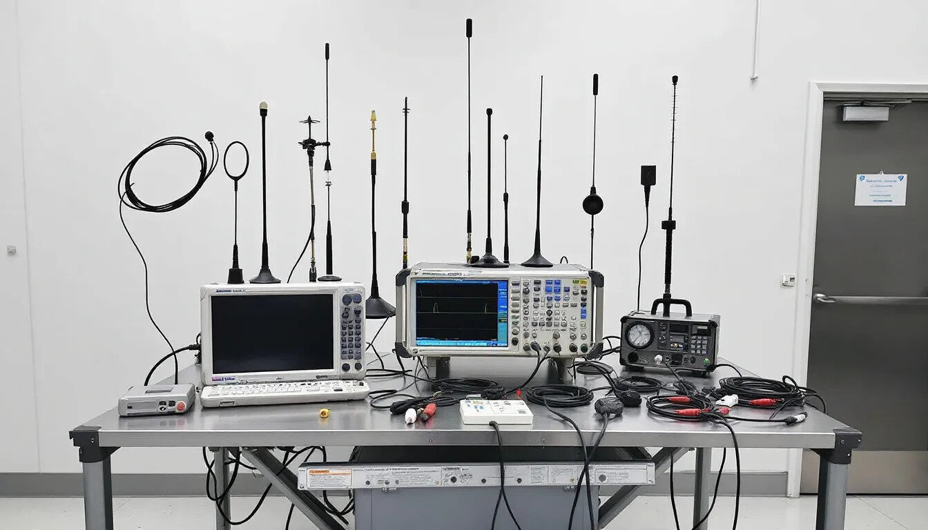 In the image, various EMC testing antennas and measurement equipment are systematically arranged in a testing configuration, showcasing tools essential for electromagnetic compatibility (EMC) testing and emissions testing. This setup highlights the critical components used in the testing process to ensure that electronic devices function properly and comply with regulatory requirements.