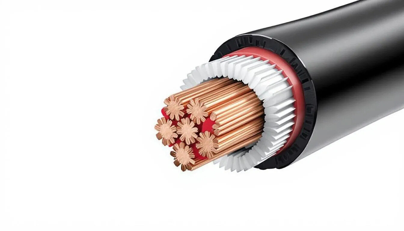 A cross-section view of an electrical wire reveals multiple layers of wire insulation surrounding a central copper conductor, showcasing the intricate design of copper coils and the various insulating materials used to enhance electrical resistance and durability. The image highlights the importance of insulation strength in applications such as electric motors and household appliances.