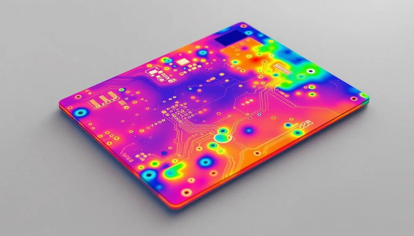 A thermal imaging view of a printed circuit board (PCB) displays the heat distribution around various electronic components, highlighting areas of higher temperature that may indicate active solder joints or potential issues in the assembly process. The image provides insights into the effectiveness of soldering techniques used in the PCB assembly, such as surface mount technology and through hole components.