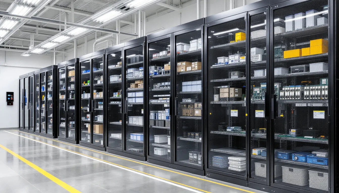 A climate-controlled electronics storage facility features neatly organized shelving filled with various electronic components, ensuring efficient inventory management for excess stock and surplus inventory in the electronics industry. The well-maintained environment protects valuable components while optimizing storage costs and enhancing the overall supply chain process.