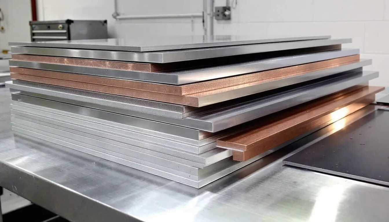 An organized array of various sheet metal materials, including aluminum, stainless steel, and copper sheets, showcases the diversity of raw materials used in custom sheet metal fabrication. These materials, stacked neatly, highlight their different thicknesses and properties, essential for precision sheet metal fabrication processes.