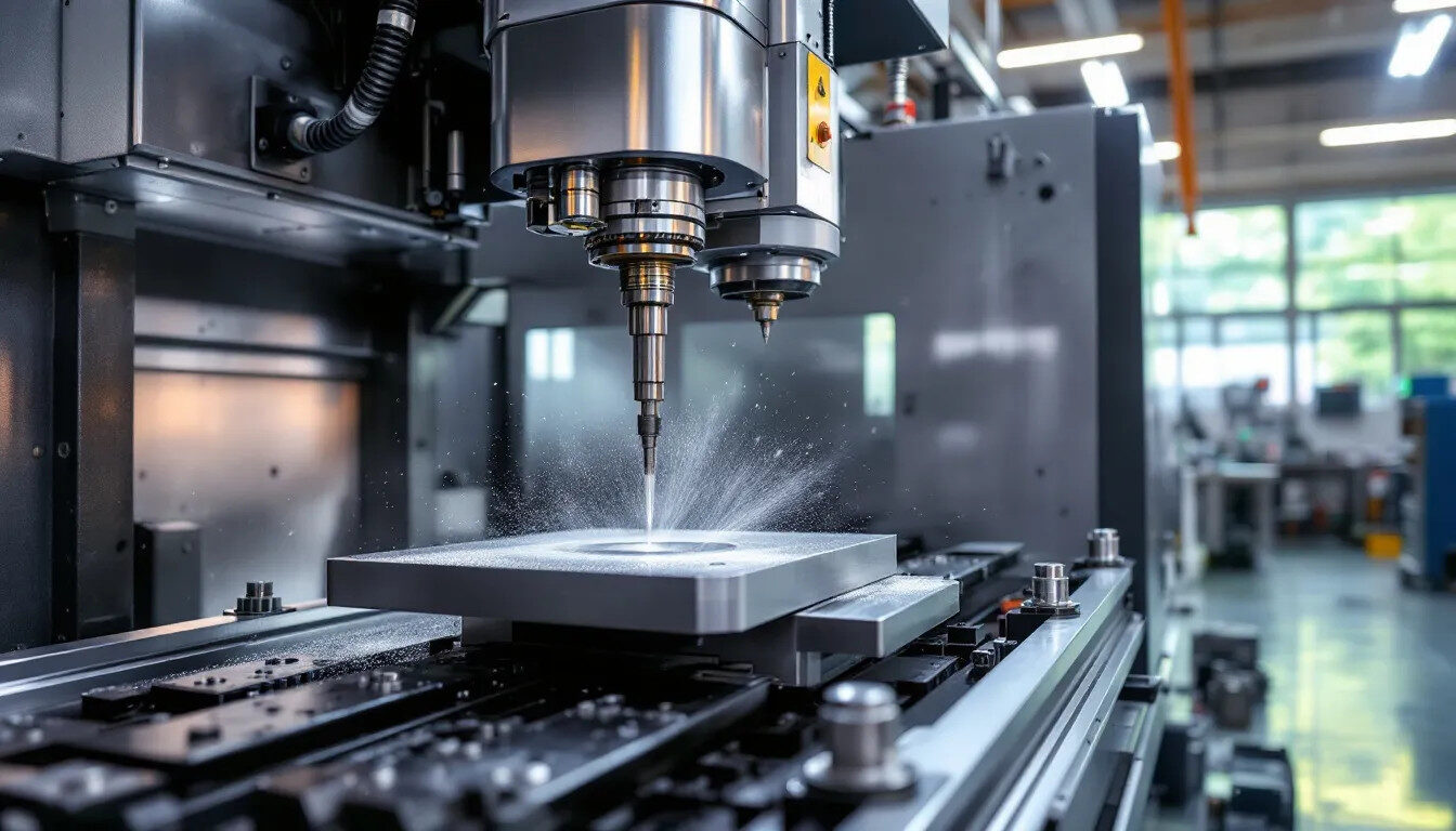 A modern CNC milling machine is actively operating, utilizing precision tooling and a coolant system to ensure optimal performance during the CNC machining process. The machine is designed to create high precision machined parts with exceptional accuracy, catering to demanding applications in various industries.
