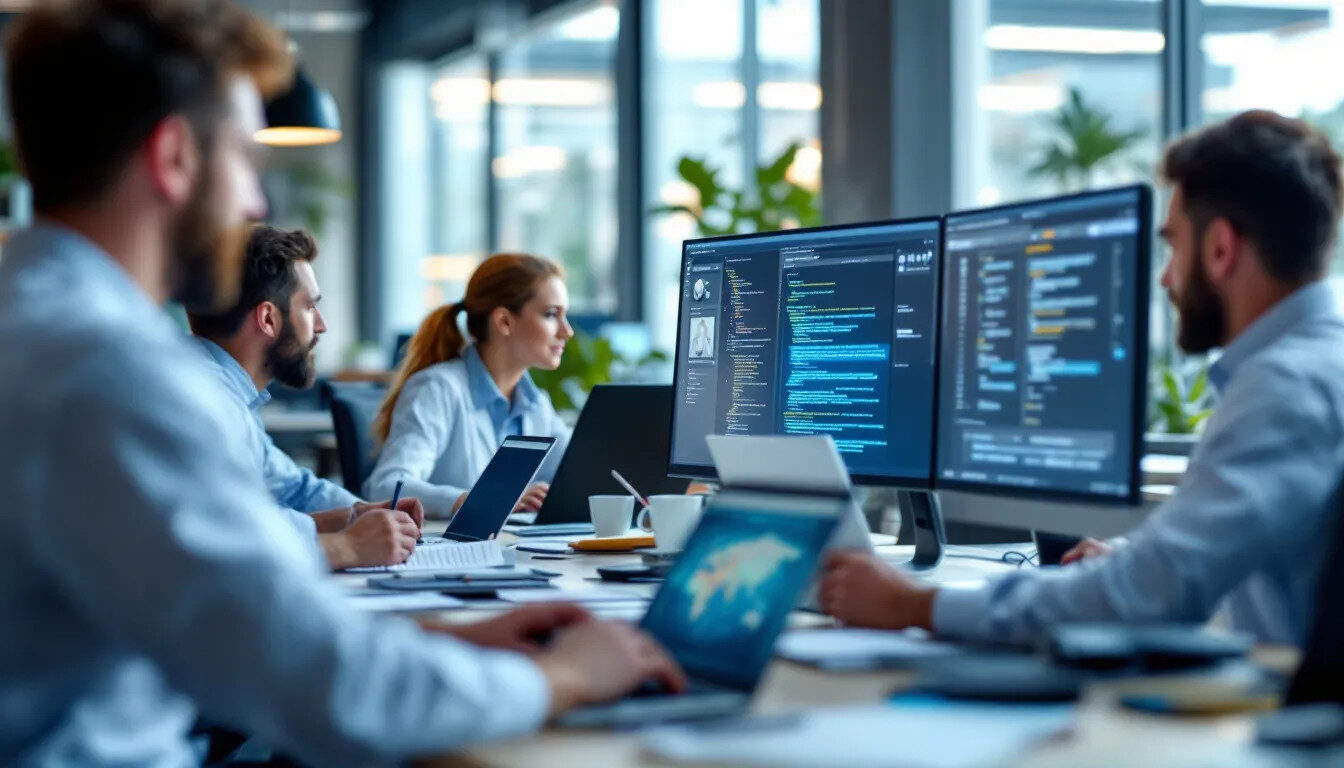 A diverse team of engineers is engaged in collaborative discussions on medical device software development, surrounded by multiple computer screens displaying intricate code and user interfaces for medical devices, emphasizing their expertise in PCB design and electronic components. The atmosphere reflects a focused effort on creating high-quality, reliable medical technology solutions.