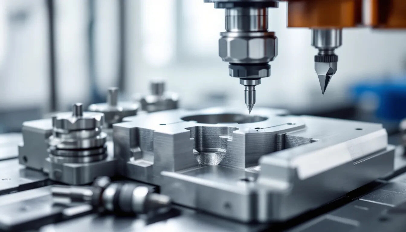 A close-up view of precision cutting tools and a workpiece during a CNC milling operation showcases the intricate details of the CNC machining process. The image highlights the cutting tools used to achieve tight tolerances and high precision in manufacturing precision machined parts.