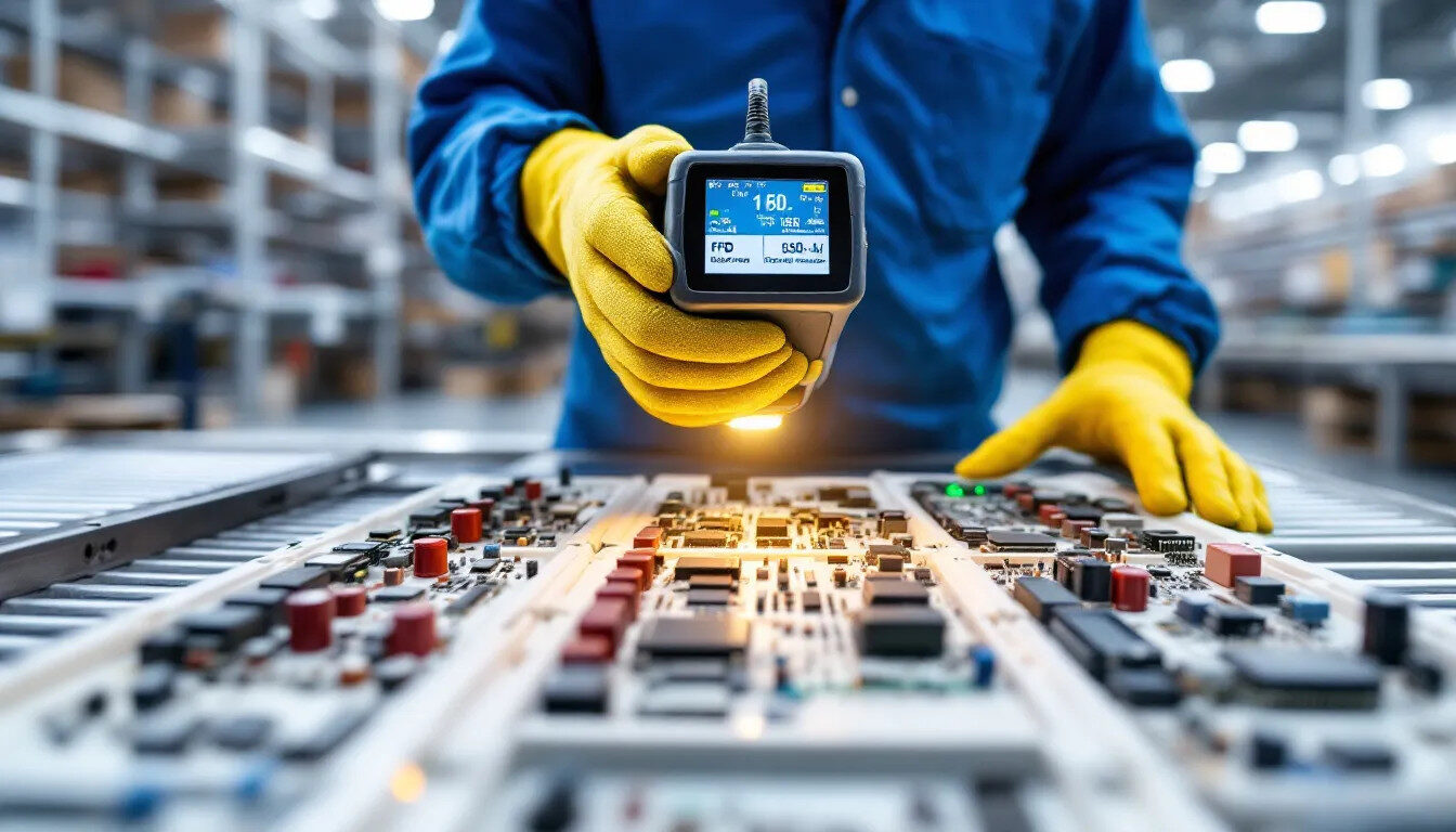 An RFID scanning system is actively tracking electronic components in a warehouse setting, showcasing the process of inventory management for excess stock. This technology aids in optimizing surplus inventory within the electronics industry, ensuring efficient handling of consumer electronics and reducing storage costs.