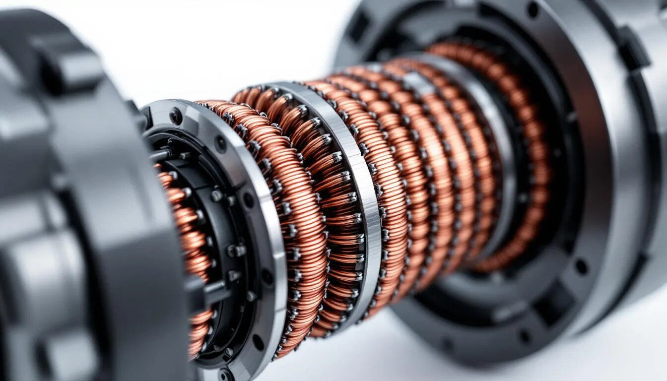 The image features an electric motor showcasing exposed copper coils with visible magnet wire windings, highlighting the intricate design of the motor windings. The copper wire is coated with wire insulation, emphasizing its role in electrical connections and the generation of magnetic energy.