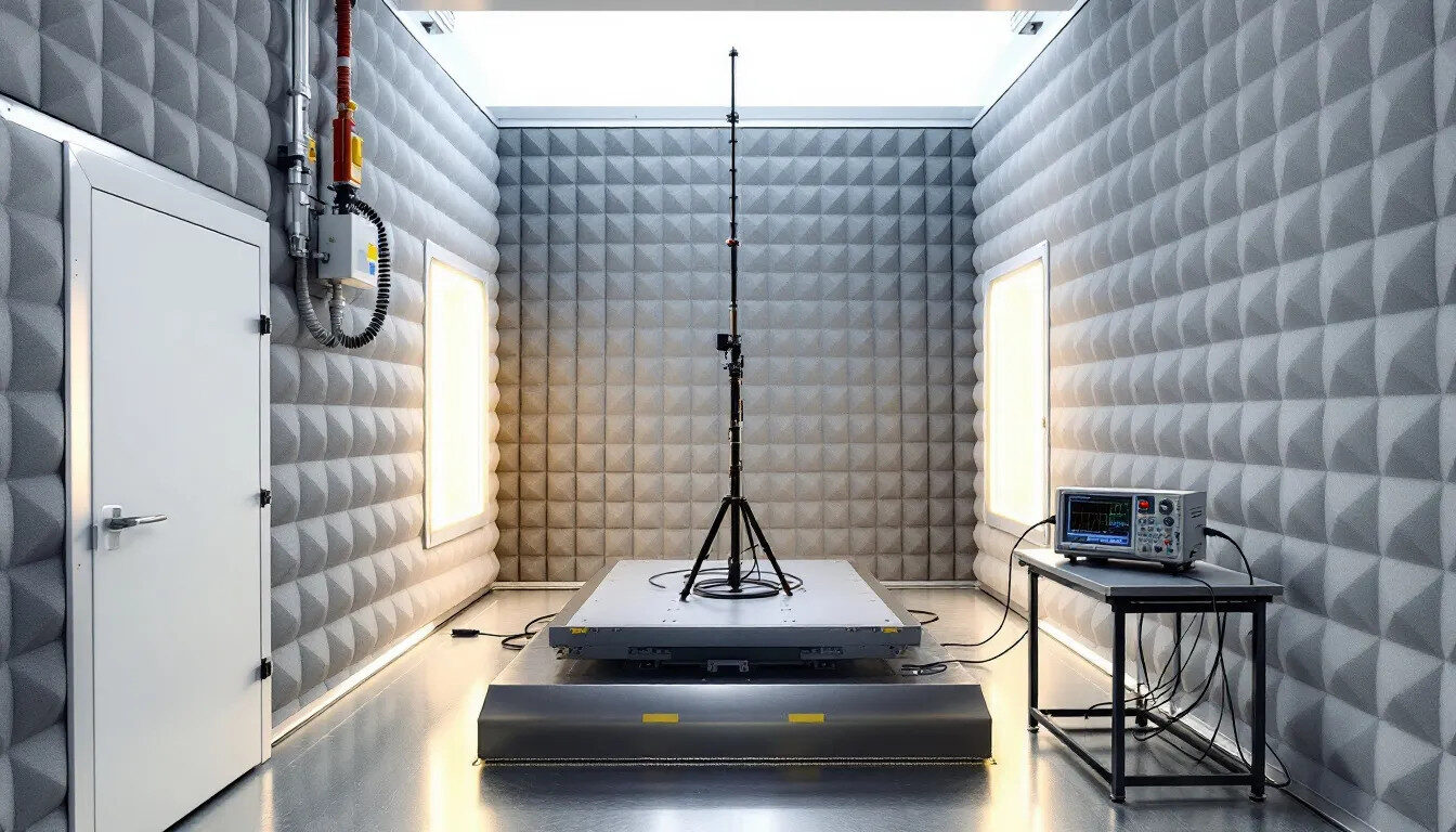 The image depicts the interior of an EMC testing chamber, showcasing RF absorbers strategically placed around a test setup configuration designed for electromagnetic compatibility testing. This environment is essential for conducting emissions testing and ensuring that electronic devices function properly without interference.