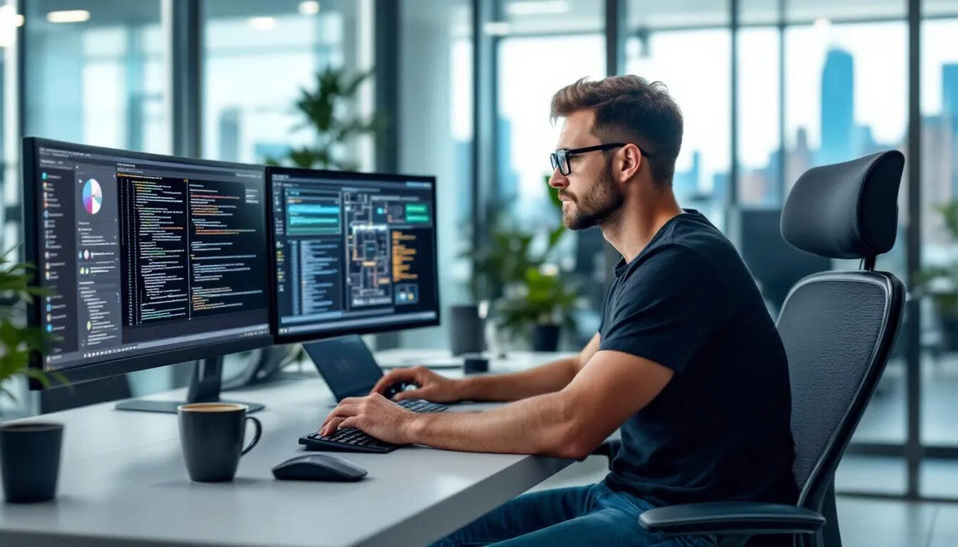 A professional engineer is focused on PCB design at a modern workstation equipped with multiple monitors, showcasing a high-tech environment ideal for managing customer data and enhancing customer relationships through advanced design tools. The setup reflects the integration of technology in customer interactions and marketing strategies, emphasizing the importance of operational CRM systems in the engineering process.