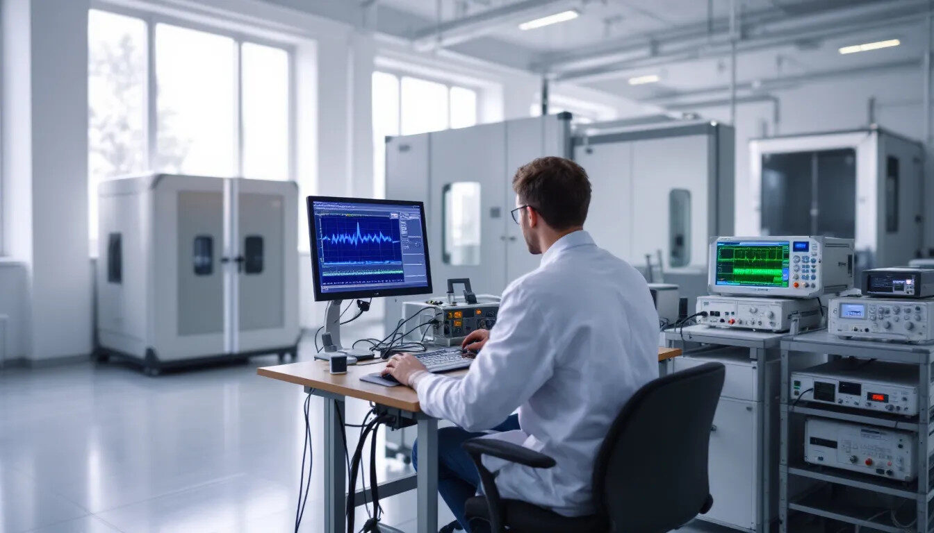 A testing technician is operating EMC measurement equipment in a laboratory setting, focusing on ensuring electromagnetic compatibility of various electronic devices. The technician is engaged in emissions testing and compliance testing, utilizing specialized equipment to identify potential issues related to electromagnetic interference and ensure that the devices function properly within regulatory requirements.
