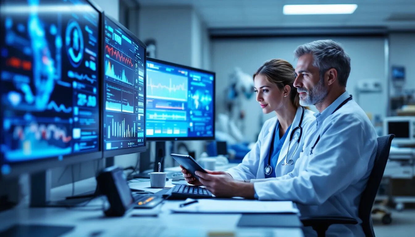 In a modern healthcare setting, medical professionals collaborate on advanced medical device software, utilizing tools and expertise in electronic design and printed circuit board (PCB) layout to enhance patient care. The team focuses on high reliability and thermal management in their projects, ensuring the final products meet rigorous design requirements.
