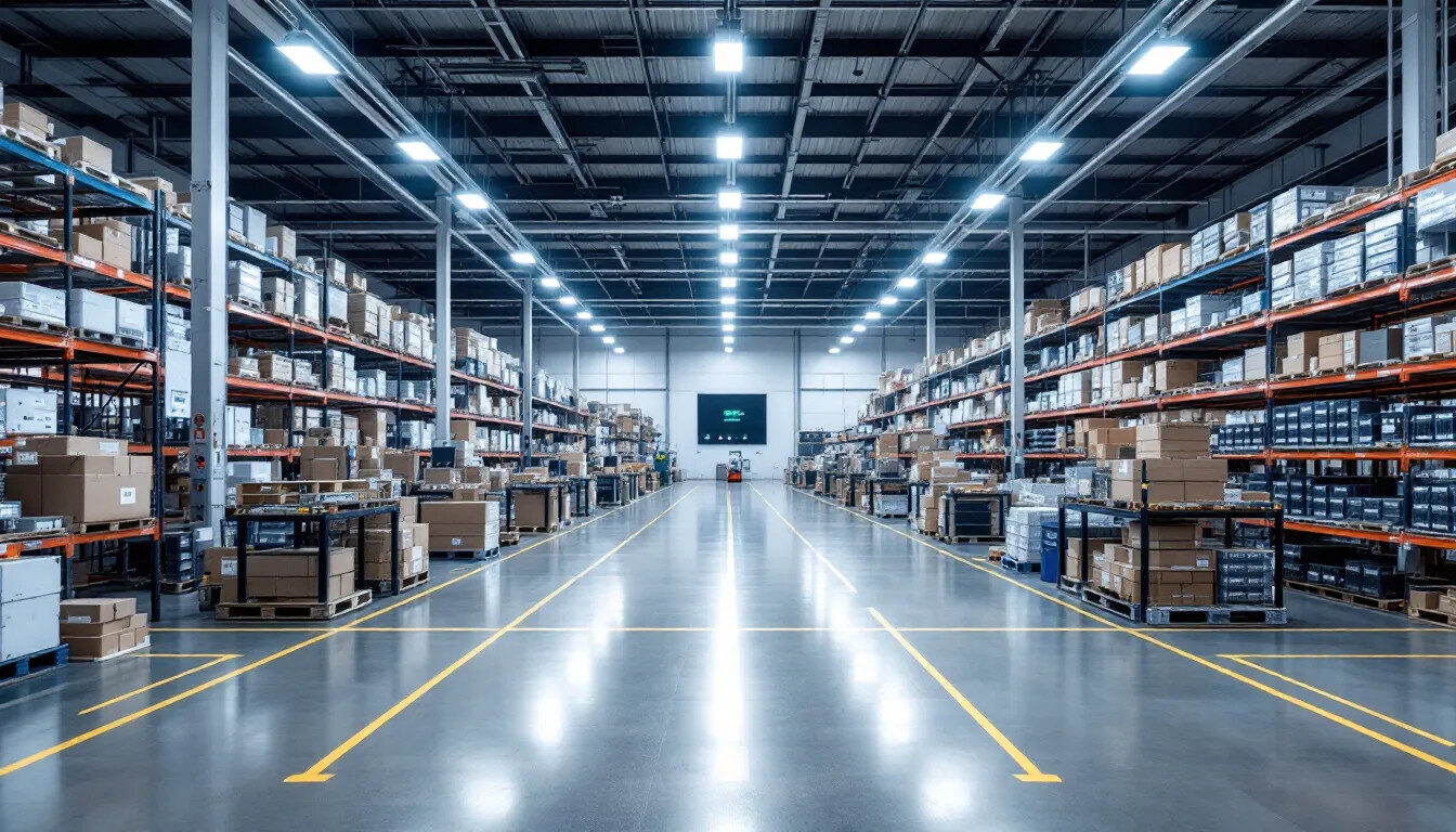 A modern electronics warehouse is depicted, showcasing organized component storage systems filled with various electronic components, highlighting effective inventory management and excess inventory solutions. The layout emphasizes efficient use of warehouse space and attractive packaging, reflecting the standards of the electronics industry.