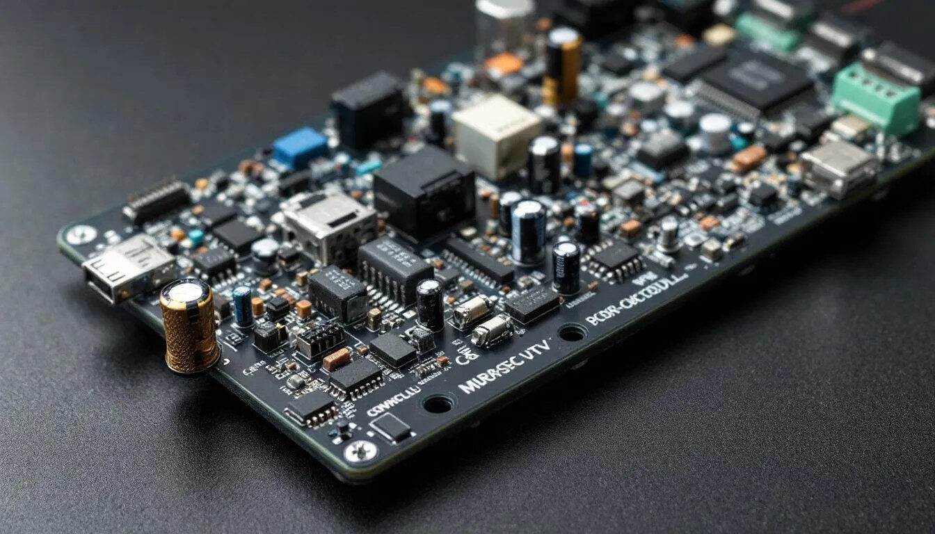 A close-up view of intricate circuit boards and various electronic components, showcasing the essential elements of a control system, which plays a vital role in mechatronics engineering and automation. The image highlights the interconnectedness of mechanical and electronic systems within the realm of control engineering.