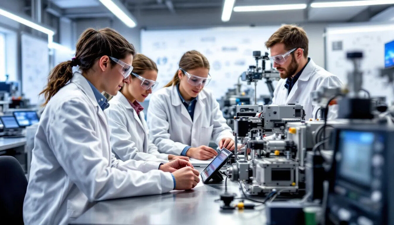 In a modern engineering laboratory, students are engaged in hands-on work with mechatronic equipment, including robotic arms and electronic components, as they explore key concepts in mechatronics engineering and system integration. The environment reflects a collaborative atmosphere where mechanical engineering and control systems come together to foster innovative solutions in industrial automation and smart manufacturing.