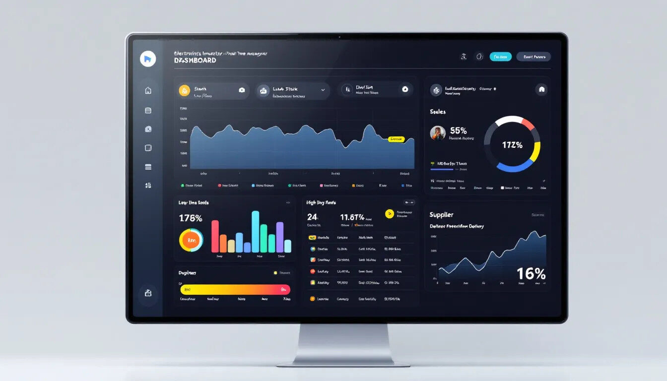 An electronics inventory management dashboard is displayed, showcasing real-time analytics of electronic components and excess inventory management. The interface includes graphs and metrics that highlight surplus stock, aiding electronics manufacturers in optimizing their supply chain and reducing storage costs.