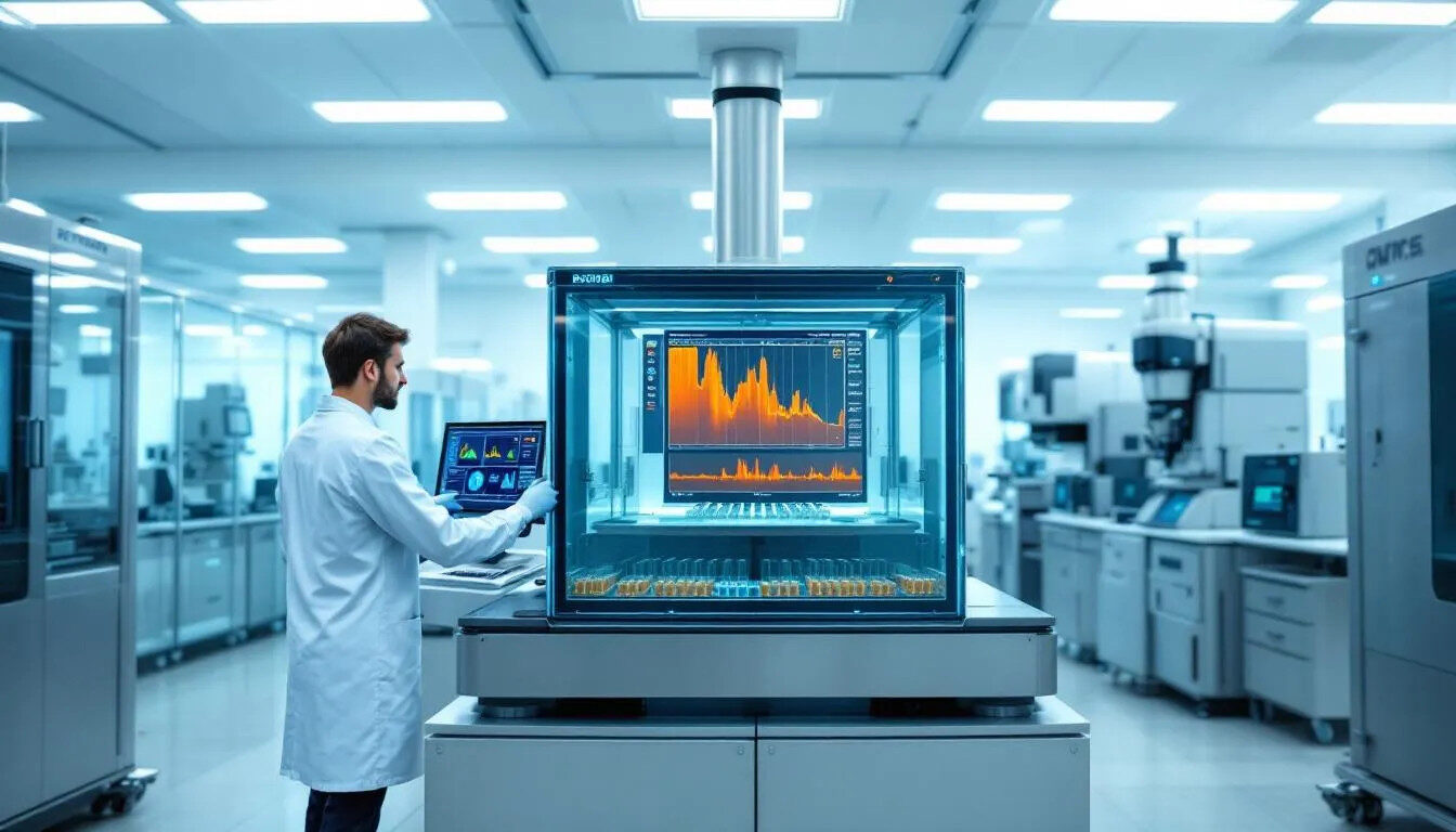 In a high-tech laboratory, advanced spectroscopic analysis equipment is prominently displayed, showcasing various electronic devices used for nondestructive testing techniques. The setup emphasizes the importance of testing equipment in evaluating the structural integrity and performance of materials while adhering to international standards for product reliability and safety.