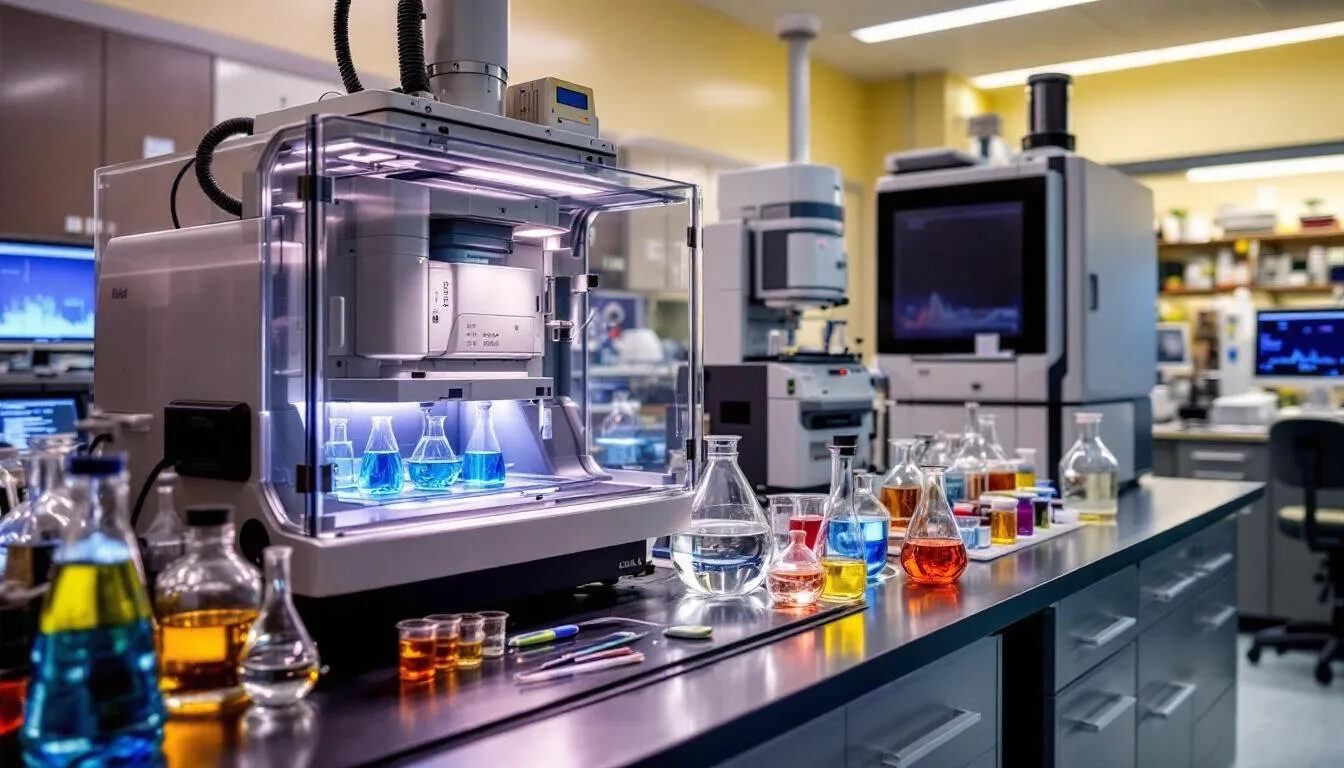 In an advanced laboratory setup, engineers are conducting rare earth element analysis using various testing equipment, including nondestructive testing techniques to ensure structural integrity and product reliability. The environment is equipped with electronic devices and systems designed to evaluate electromagnetic compatibility and performance while adhering to international standards.