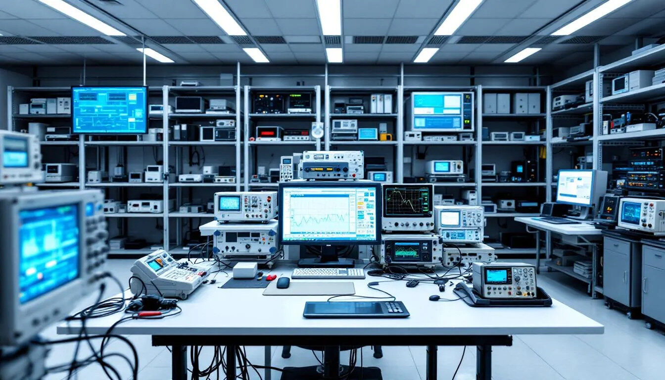 An advanced electronics testing laboratory is depicted, featuring sophisticated measurement equipment such as oscilloscopes and signal analyzers, designed for precise testing and analysis. This environment supports various customer relationship management (CRM) systems, enhancing customer interactions and driving sales growth through effective marketing campaigns.