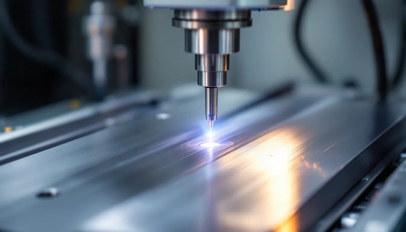 An EDM machine is shown in action, precisely creating intricate internal cavities within a hardened steel workpiece, highlighting the exceptional precision of CNC machining processes. This image illustrates the advanced capabilities of CNC machines in manufacturing precision machined parts for demanding applications.