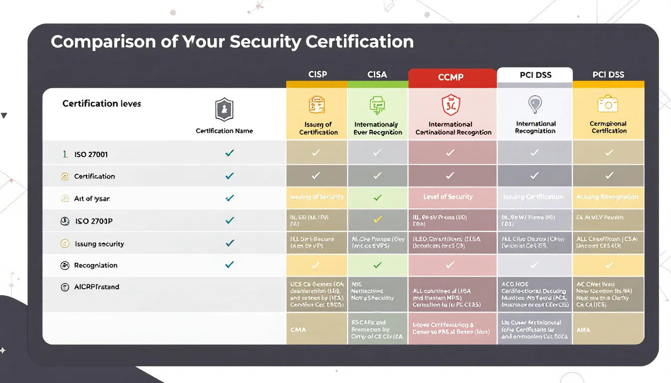 A comparison chart displays various security certification levels, highlighting their international recognition across different countries and industries. The chart outlines the benefits and reliability of each certification, serving as a reference for companies seeking to implement effective security practices and protect their clients' integrity.