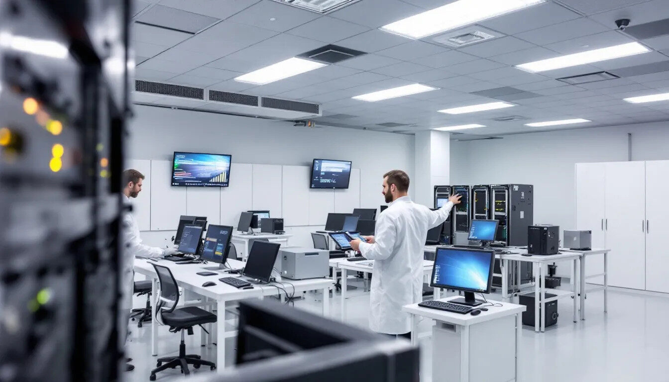 The image depicts a security testing laboratory filled with various computer equipment, where experts are conducting a Common Criteria evaluation to ensure the integrity and reliability of systems. This environment showcases the processes and practices used by companies to achieve certification and protect their clients' data effectively.