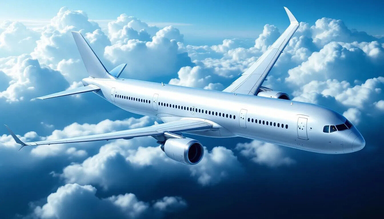 The image depicts a commercial aircraft showcasing advanced composite materials and titanium components, highlighting modern aerospace applications. It emphasizes the importance of structural integrity and product reliability, which are evaluated through various nondestructive testing techniques and certification services to ensure compliance with international standards.