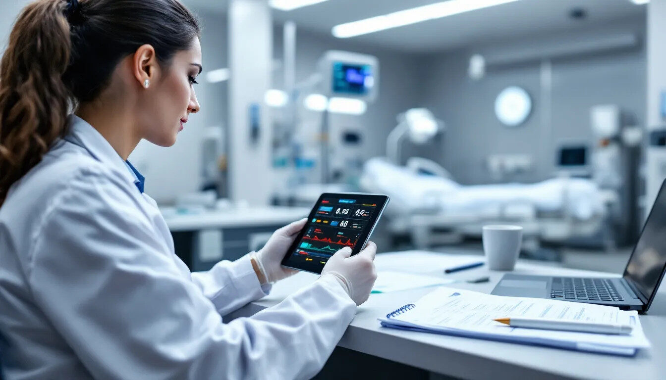 A healthcare professional is focused on examining patient data displayed on a tablet, which shows real-time monitoring information, highlighting the importance of electronic design and PCB layout in medical device software development. The scene emphasizes the integration of technology in healthcare, showcasing how skilled designers and advanced tools contribute to improving patient care through effective data analysis.
