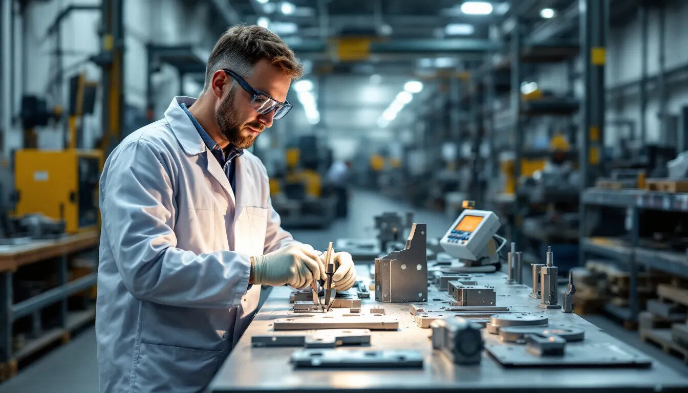 A quality inspector is meticulously using precision measurement tools to verify the dimensions of finished sheet metal components, ensuring they meet the exact specifications required in the sheet metal fabrication process. This inspection is crucial for maintaining the structural integrity and quality of custom sheet metal parts.