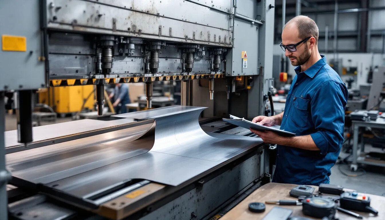 An operator closely monitors a press brake machine as it forms a precise bend in a sheet of aluminum, showcasing the sheet metal fabrication process. This scene highlights the importance of precision in custom sheet metal parts manufacturing, essential for achieving desired shapes and structural integrity in metal components.