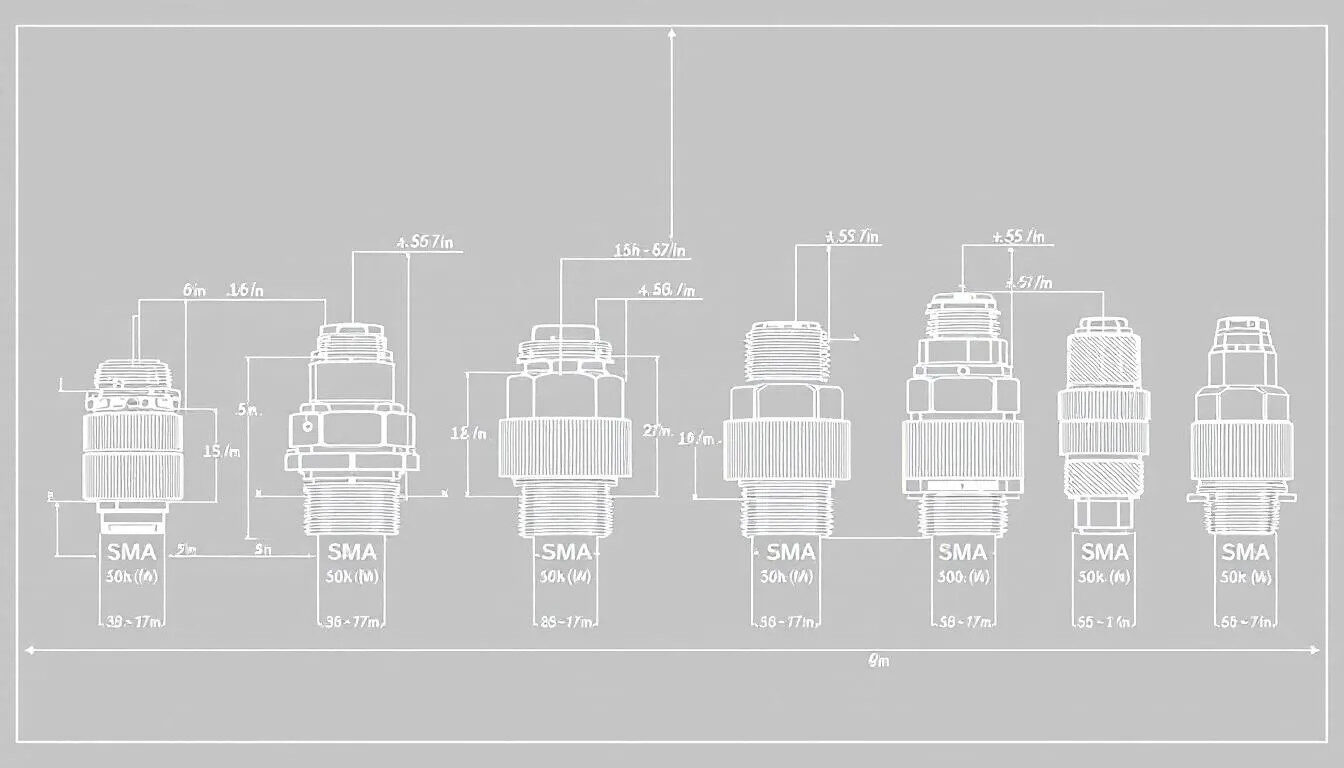 Different types of SMA connectors arranged for comparison.