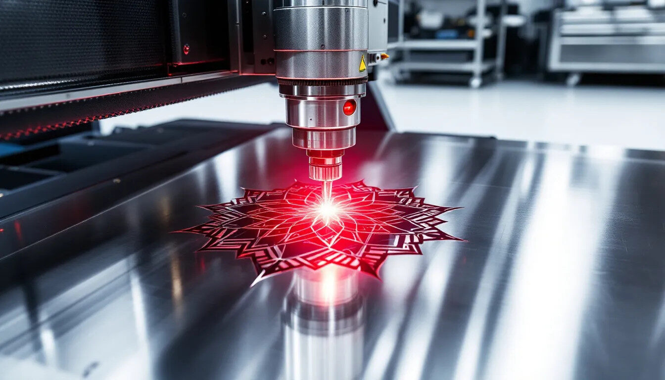 A modern laser cutting machine is shown precisely cutting intricate patterns into a sheet of stainless steel, showcasing advanced sheet metal fabrication techniques. The machine operates in an industrial environment, highlighting its capabilities in producing custom sheet metal parts with high precision.