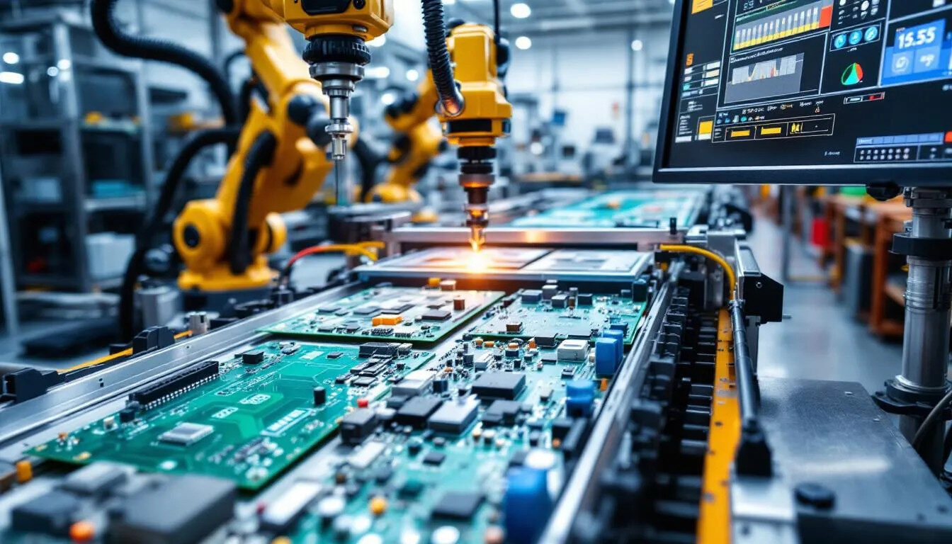 An automated inspection machine is analyzing assembled printed circuit boards (PCBs) to ensure the quality of solder joints and component placement. This equipment is crucial in the PCB assembly process, helping to identify any misplaced components or defects in soldering electronic components.