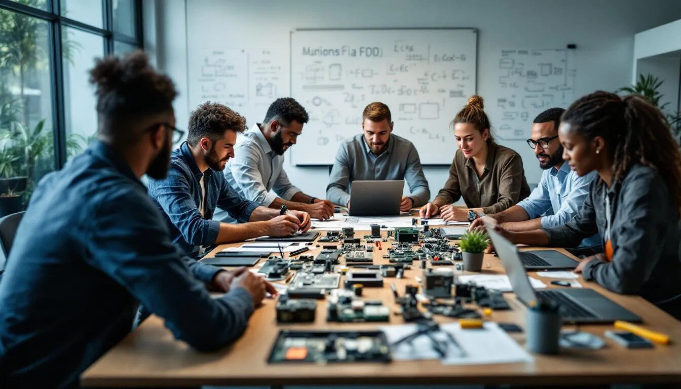 A diverse team of engineers is gathered around a conference table, actively collaborating on various electronic prototypes. They are engaged in discussions that may involve customer relationship management and analyzing customer data to enhance their marketing and sales efforts.