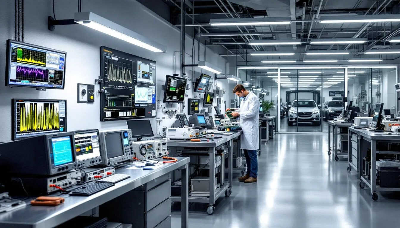 A modern automotive electronics testing facility is depicted, showcasing various measurement equipment such as oscilloscopes, signal analyzers, and power supplies, indicating a comprehensive approach to testing automotive electronics. This facility is designed to enhance customer relationships through effective data management and support marketing and sales teams in analyzing customer behavior and refining their strategies.