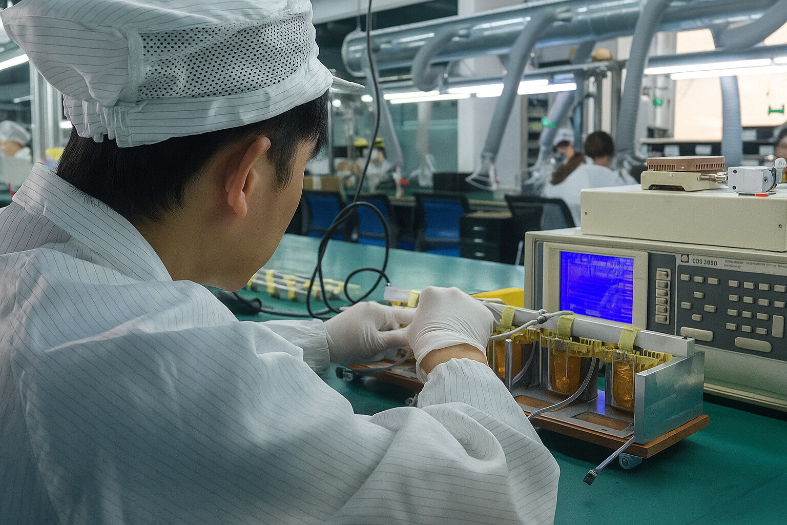 Techniker der TPS Elektronik GmbH bei der Funktionsprüfung eines Testsystems – Prozesssicherheit und Zuverlässigkeit nach ISO 9001 Zertifizierung