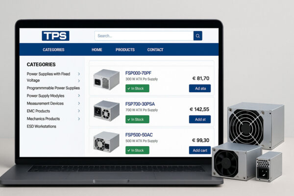 TPS SHOP-FSP B2C webshop interface with FSP power supply products, alongside physical power supply units on a desk.