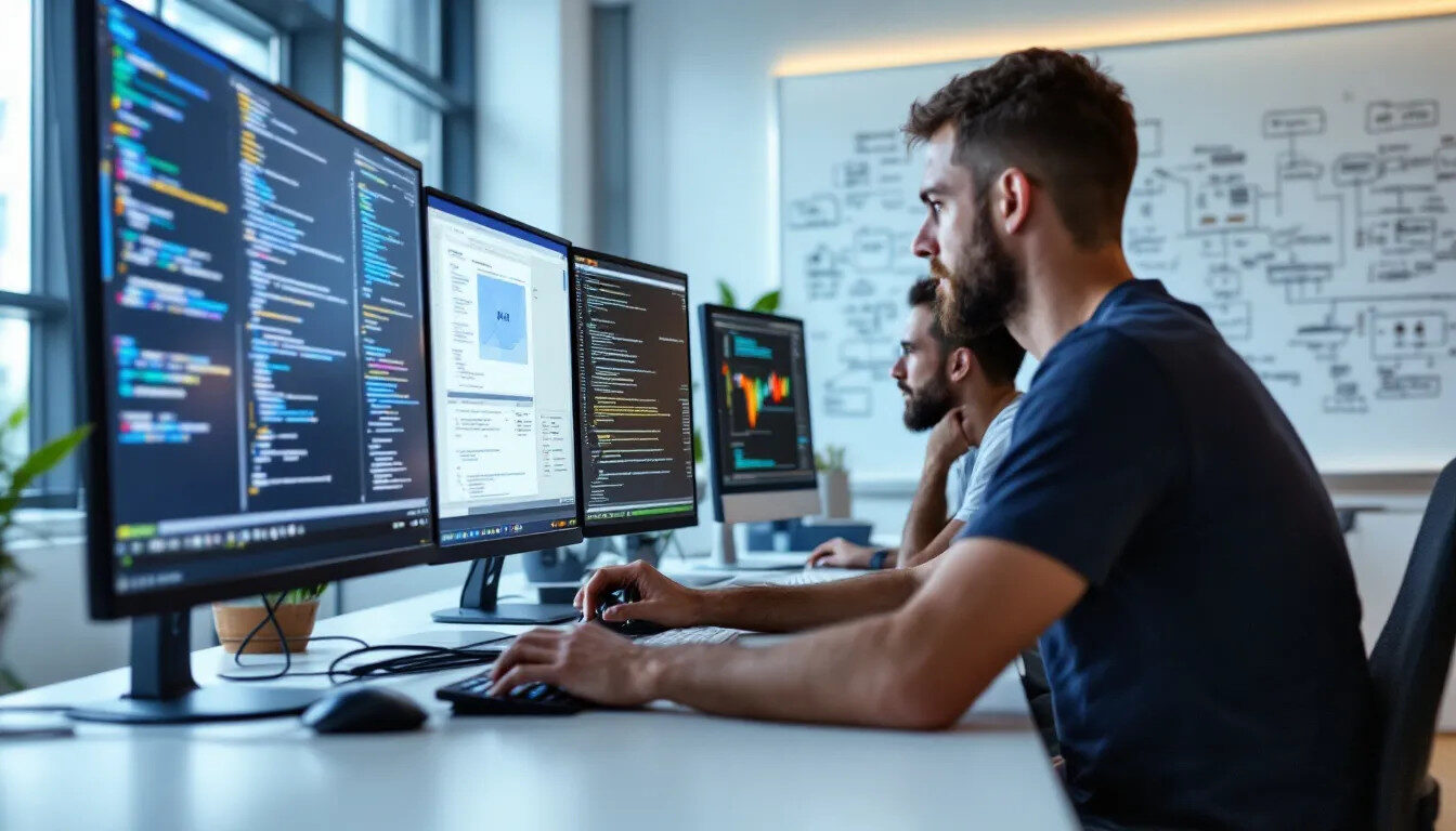In a modern office environment, software engineers are intently collaborating on medical device code, surrounded by multiple monitors that display complex programming interfaces and schematic diagrams related to PCB design and electronic components. The team utilizes advanced design software to ensure high reliability and efficiency in their projects, showcasing their expertise in circuit board layout and assembly processes.