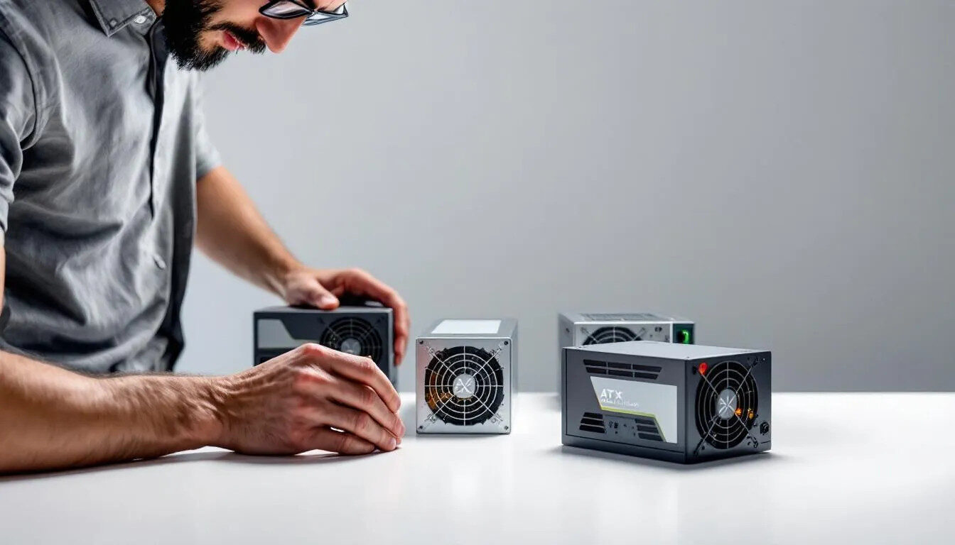 A person examining different ATX power supplies to choose the right one.
