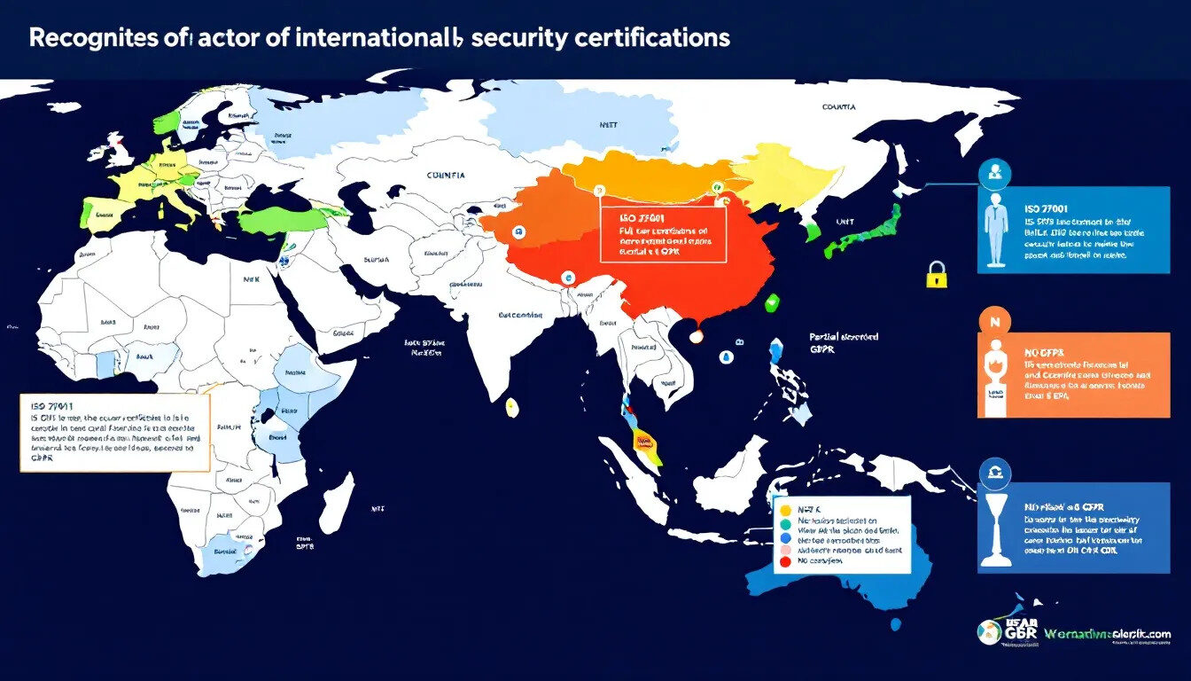 A global map illustrates the recognition of international security certification across various countries, highlighting the benefits and standards that companies can implement to ensure reliability and integrity in their services. The map serves as a reference for industry experts and clients to explore the different practices and processes adopted worldwide.