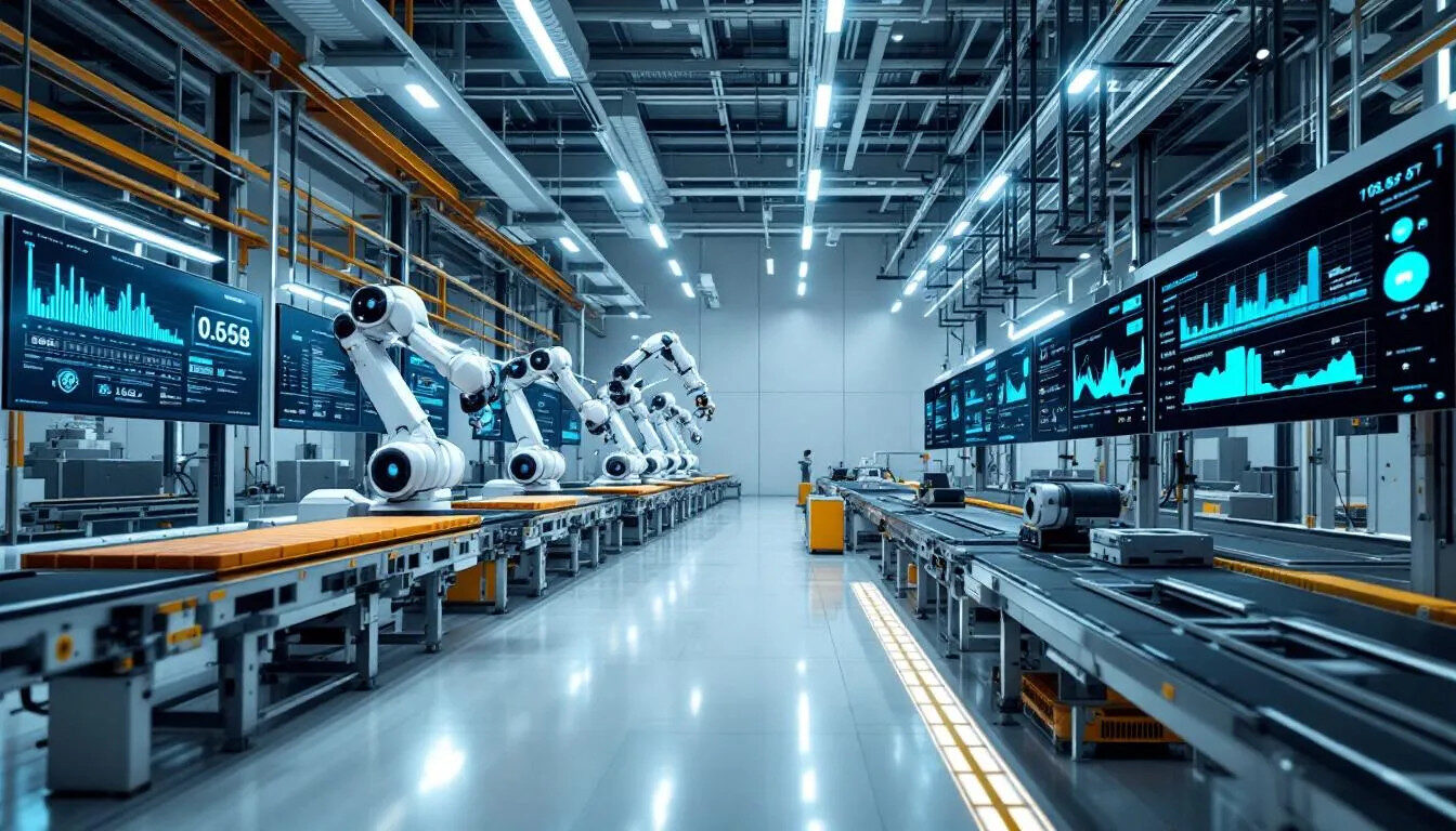 An image of a modern smart manufacturing facility showcasing automated machinery and robotic systems, featuring various mechanical and electronic components working in harmony to enhance industrial automation. The scene highlights mechatronic systems and intelligent systems at play, illustrating the synergy between robotics and control engineering in the manufacturing industry.