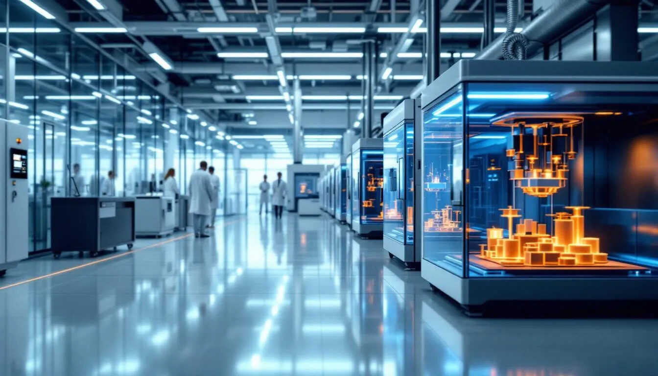 An advanced manufacturing facility is depicted, showcasing sophisticated 3D printing and vapor deposition equipment designed for element material processing. The environment highlights various testing equipment and electronic devices, emphasizing the importance of product reliability and structural integrity through nondestructive testing techniques.