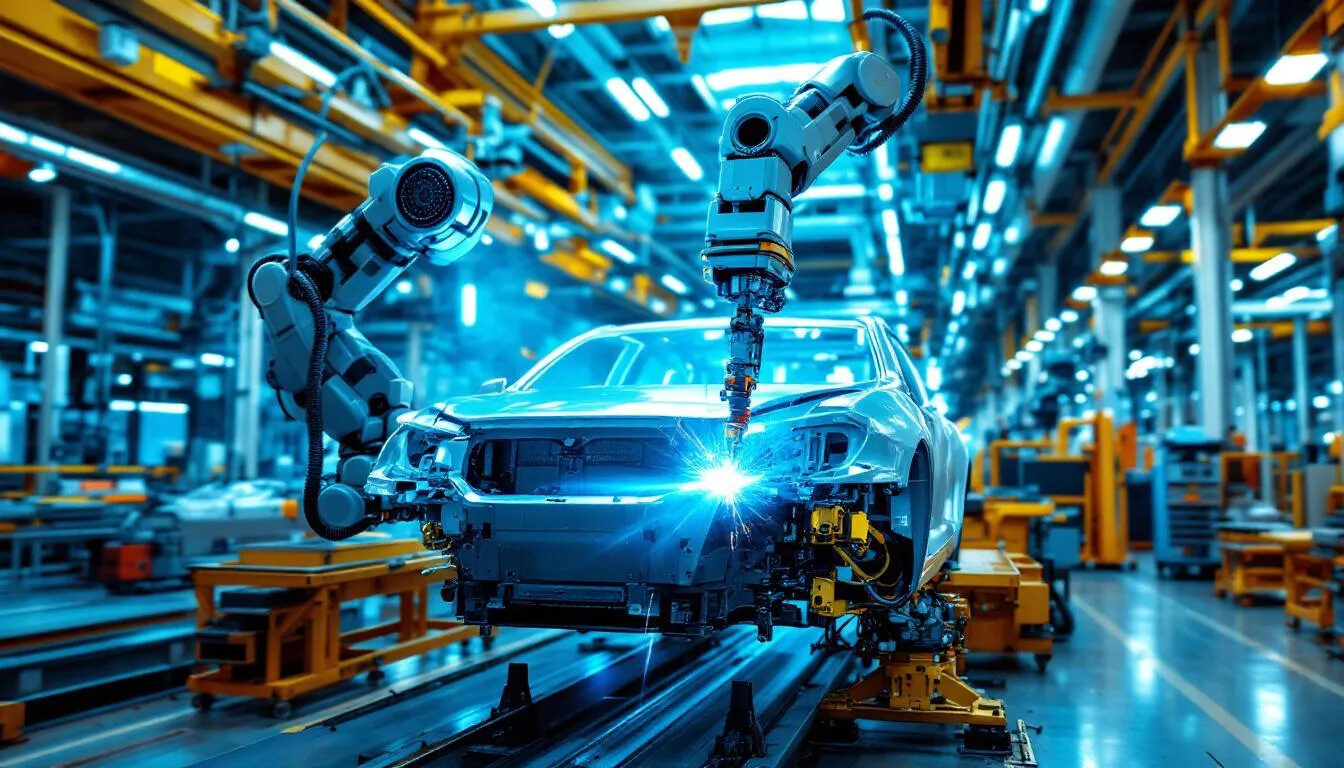 An industrial robot arm is actively engaged in the automotive assembly line, showcasing the integration of mechanical systems and electronic components in a mechatronic system. This automated machinery plays a vital role in enhancing efficiency and precision within the manufacturing industry.