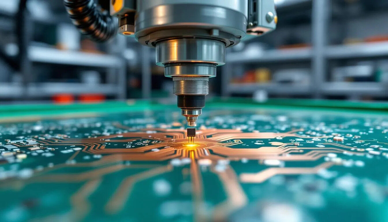 A pick and place machine is actively placing electronic components onto a bare printed circuit board (PCB) during the PCB assembly process, demonstrating the precision of surface mount technology and component placement. The machine efficiently handles various surface mount components, ensuring accurate alignment for solder connections.