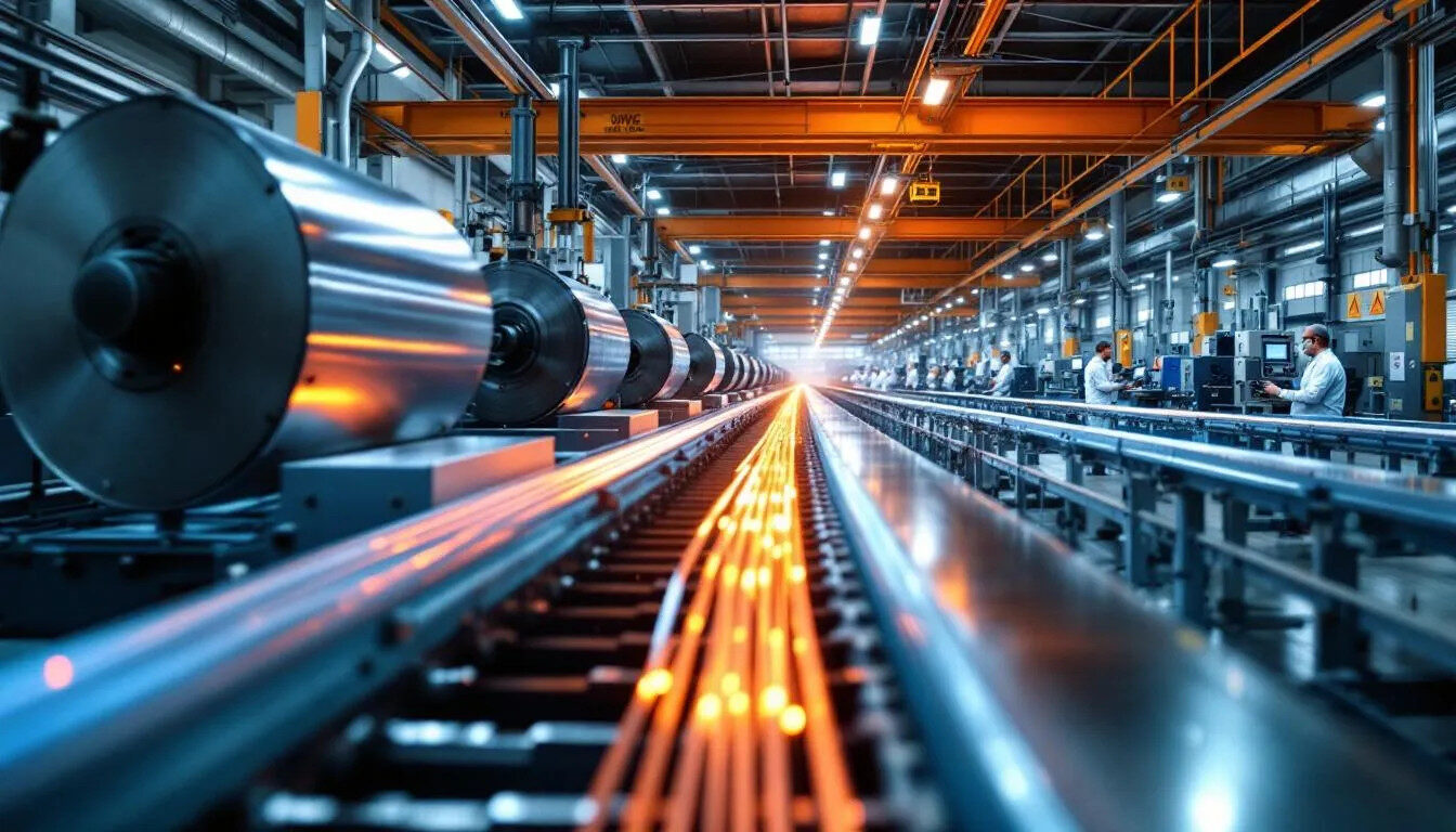 In the image, a wire manufacturing facility is depicted, showcasing insulation application equipment alongside quality control stations. The scene features various types of wire, including copper and magnet wire, with a focus on the insulation processes essential for ensuring electrical resistance and long-term reliability in applications such as electric motors and household appliances.