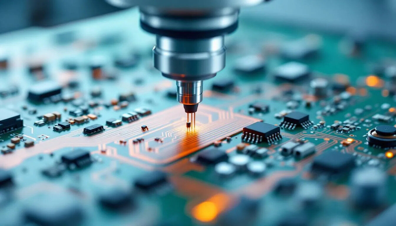 A close-up view of a pick and place machine accurately placing surface mount technology (SMT) components onto a bare printed circuit board (PCB) during the PCB assembly process. The image captures the precision of component placement, highlighting the intricate details of the electronic components being assembled.